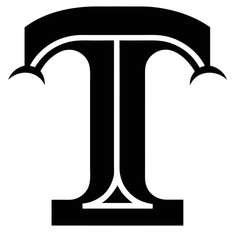 Stylized letter T, bold black typography, serif font, symmetrical design, white negative space, curved embellishments, minimalist logo, stark contrast, geometric shapes, l vector