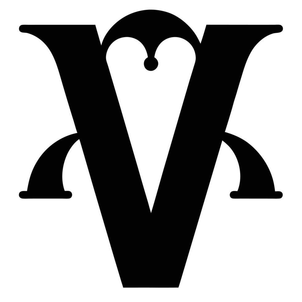 Logo design, minimalist, black and white, letter V, stylized typography, symmetrical, elegant, curved elements, negative space, bold graphic, simple shape, monogram, visual identity, sharp contrast, vector