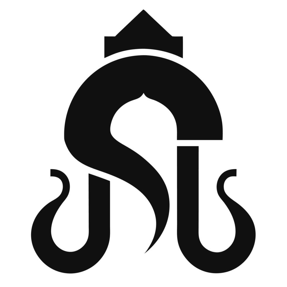 Black and white logo, stylized letter S, crown symbol, minimalist design, symmetrical, curved elements, regal emblem, bold typography, monogram, abstract shape, negative space, iconic vector
