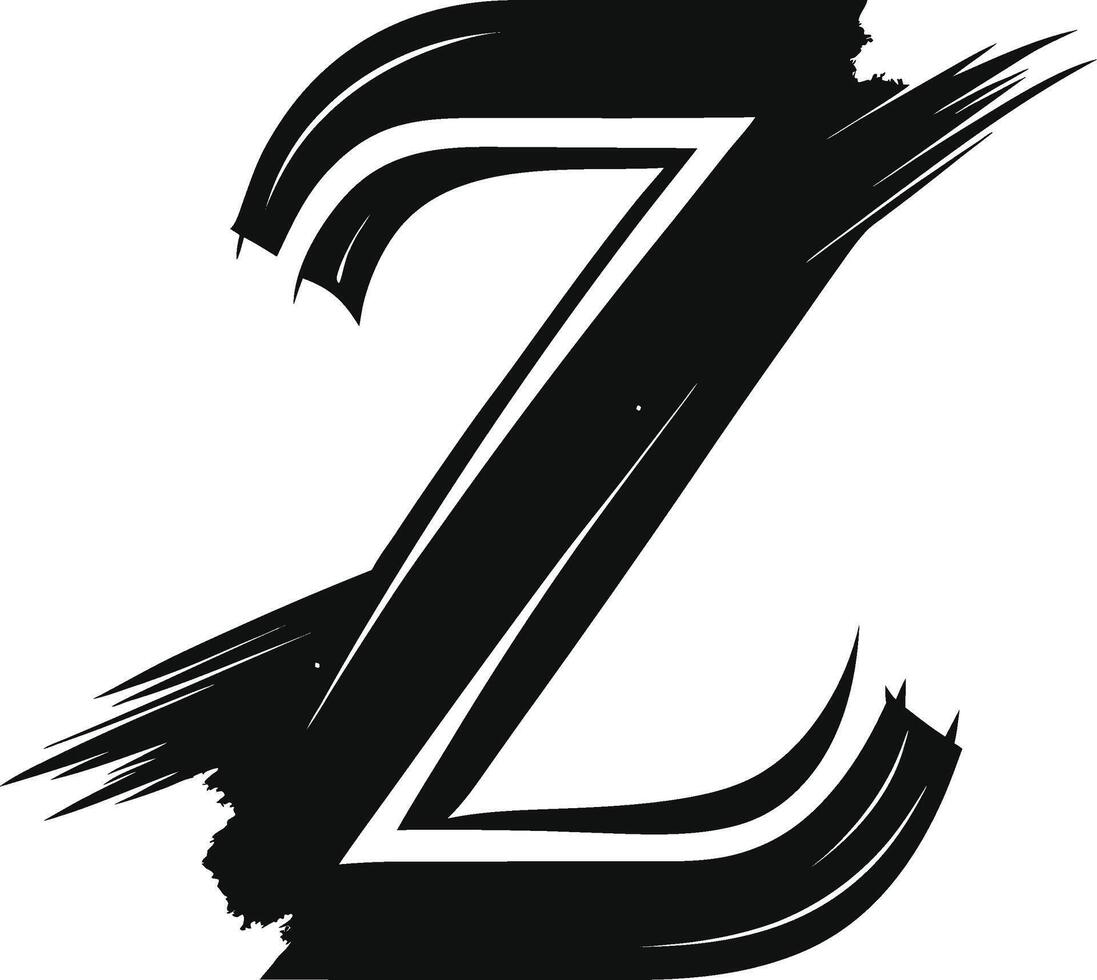Bold typography, letter Z, black and white, brush stroke effect, dynamic design, stylized font, sharp edges, vector
