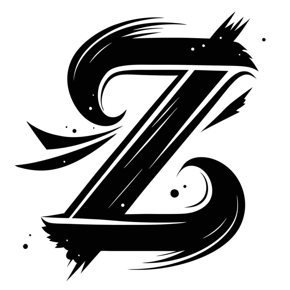 Stylized letter Z, black and white typography, ornate calligraphy, dynamic brush strokes, flowing curves, bold contrast, abstract flourishes, minimalist design, graphic art, vector