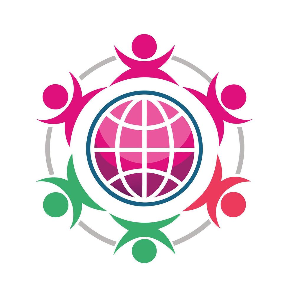 Logo design, stylized human figures, globe icon, vibrant pink and green, circular arrangement vector