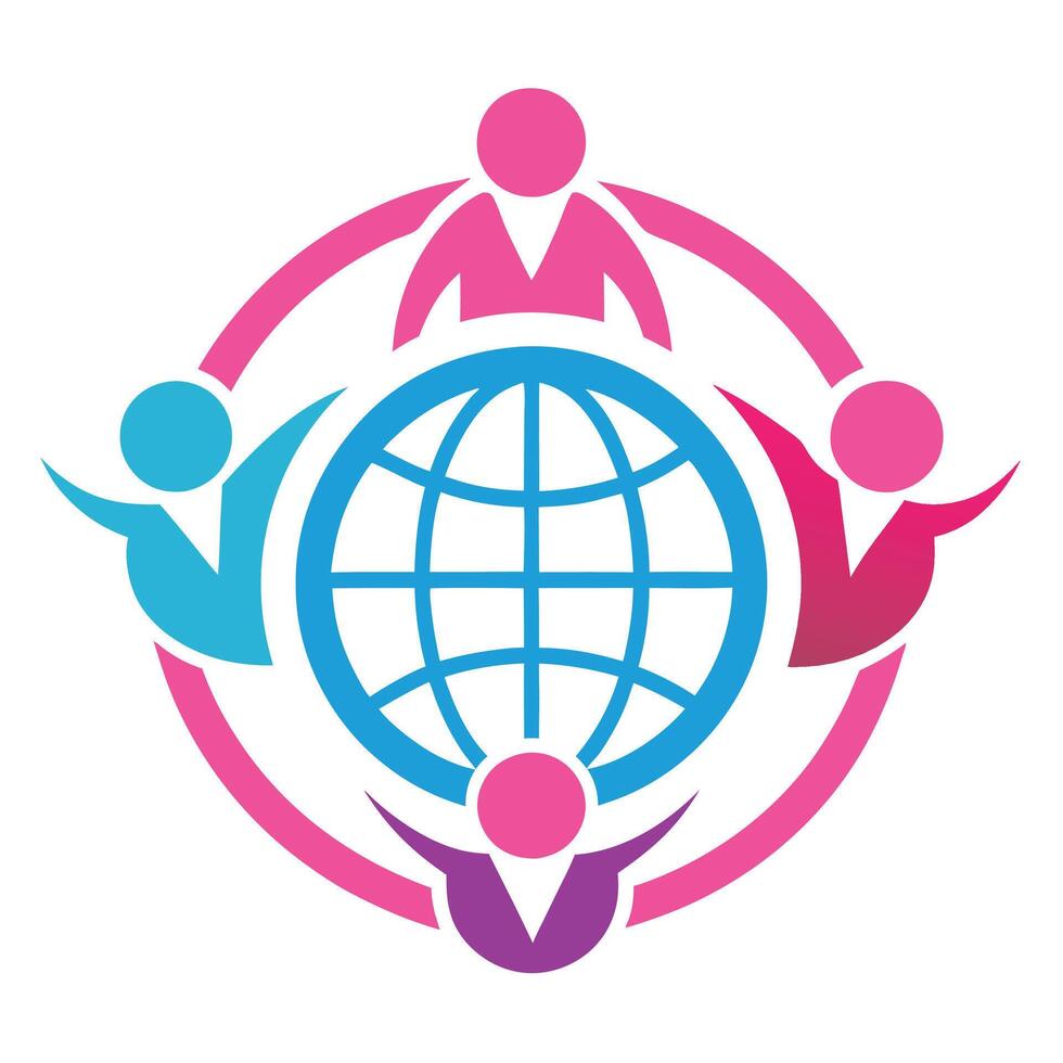 Global unity, stylized human figures, circular design, blue globe icon, pink and blue color scheme vector