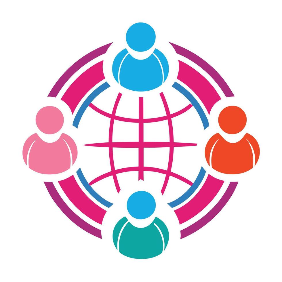 Global connectivity, colorful abstract figures, unity symbol, diversity icon, worldwide collaboration vector