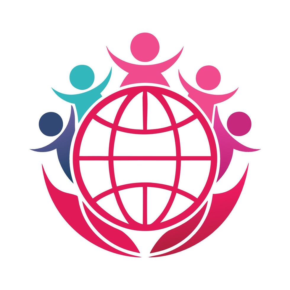 Global unity, diverse human figures, stylized globe icon, vibrant colors, circular composition, solidarity symbol vector
