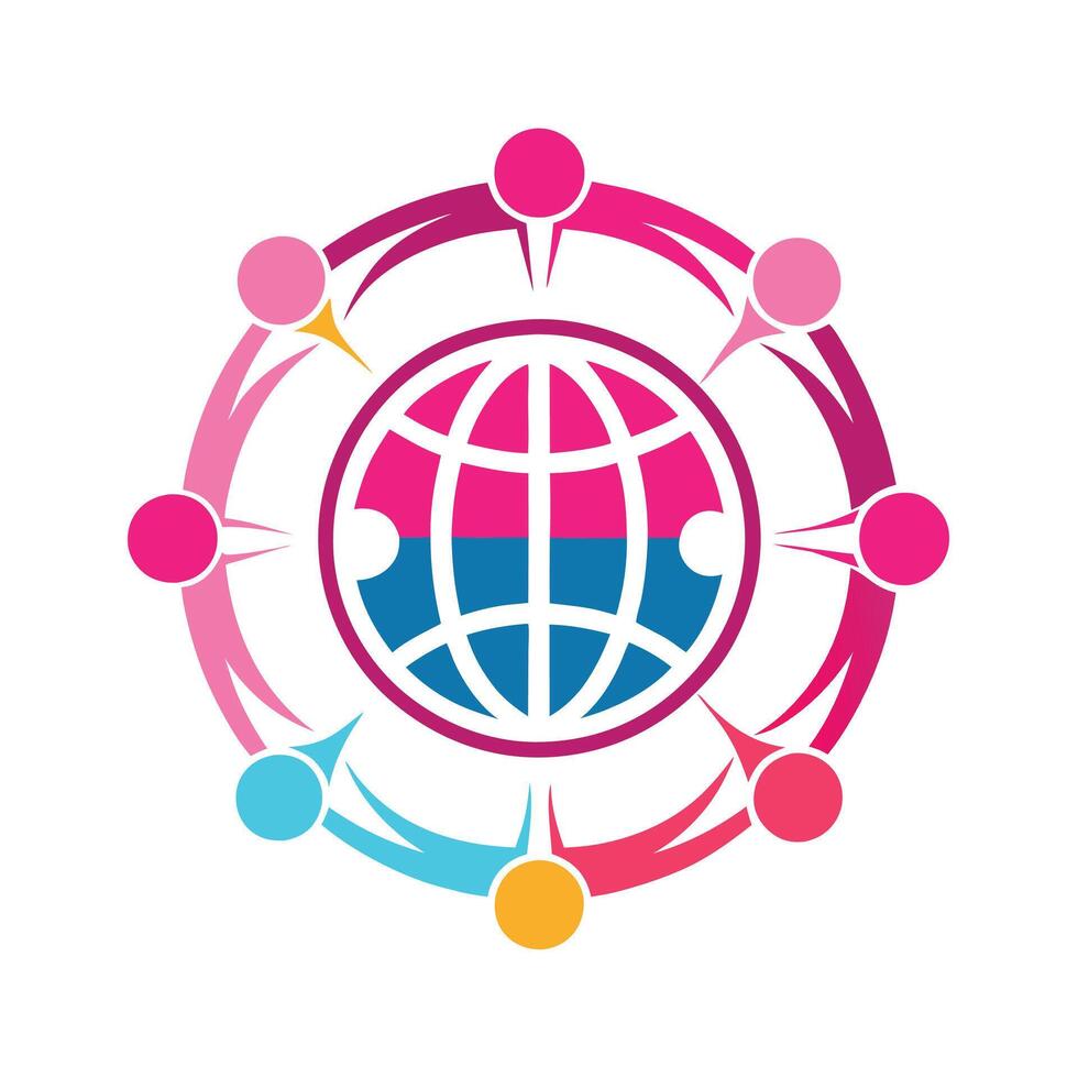 a group of people around a globe with a rainbow flag vector