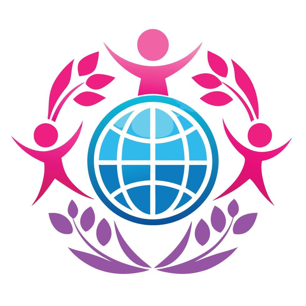 Global unity, abstract figures, stylized globe, vibrant colors, pink and purple leaves, symmetrical design vector