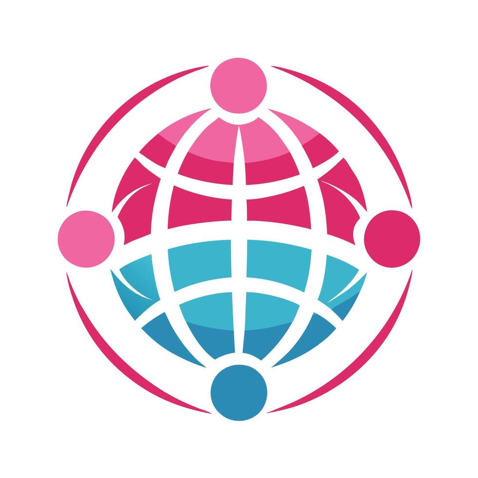 Globe icon, network connections, pink and blue gradient, circular design, abstract logo, geometric shapes vector