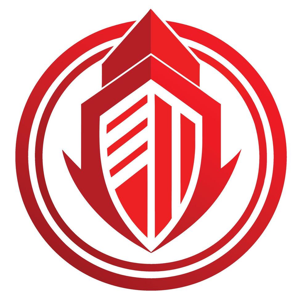Red geometric logo, shield shape, arrow motif, circular emblem, minimalist design, bold lines, symmetrical composition vector