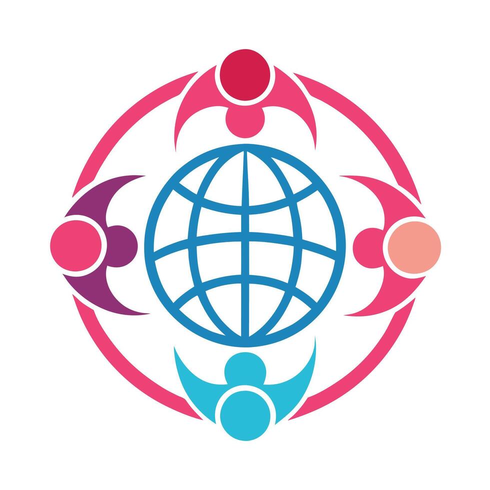Global unity, stylized human figures, circle composition, blue wireframe globe, abstract representation of diversity, vector