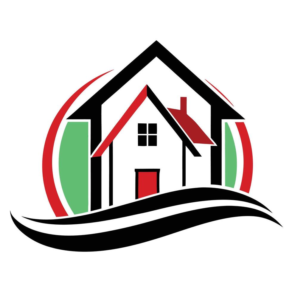 Logo design, house icon, real estate symbol, minimalist, black white red green color scheme, abstract shapes vector