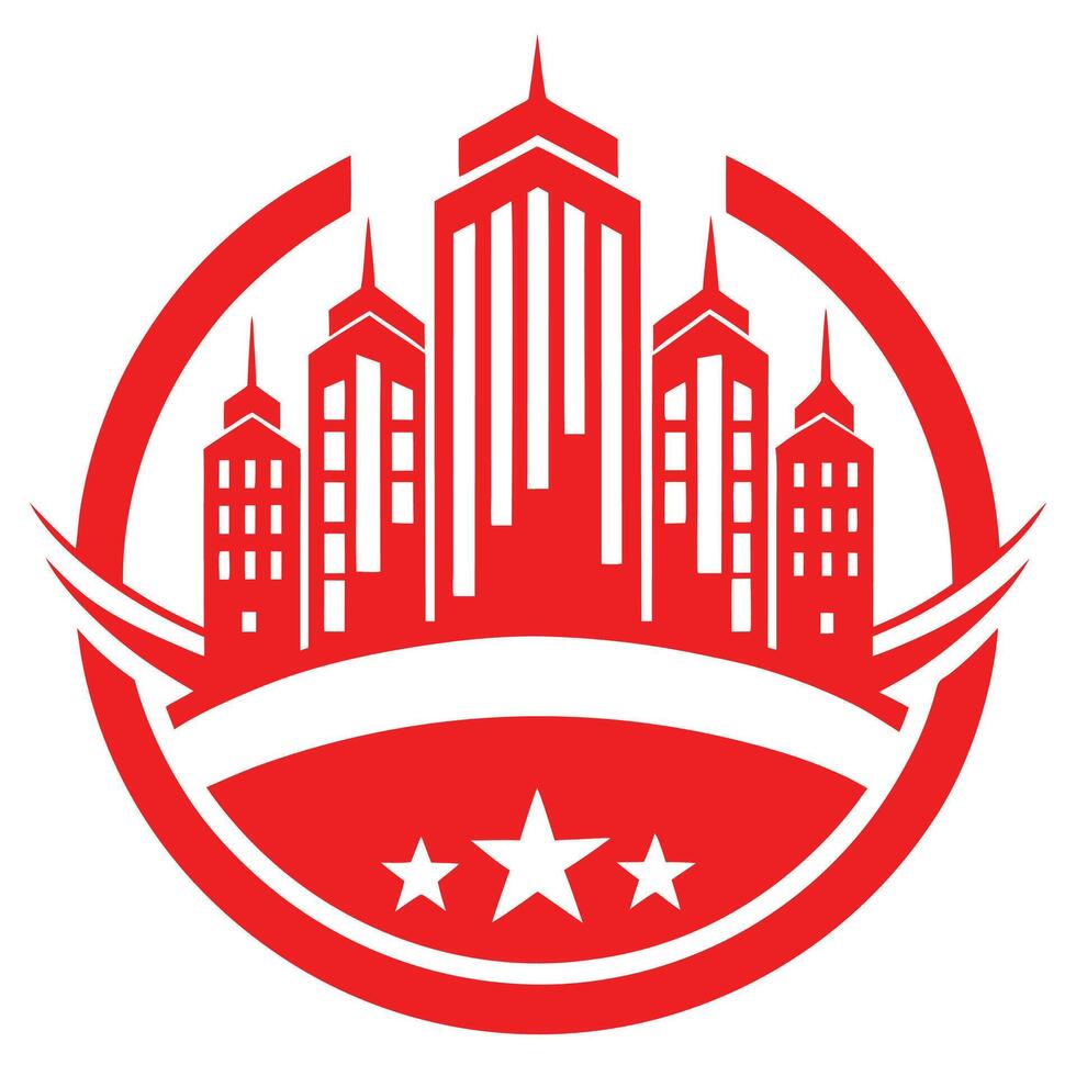 Red city skyline logo, minimalist design, skyscrapers silhouette, circular emblem, three stars, white banner, urban icon, corporate branding, vector