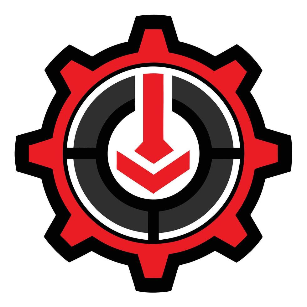 Logo design, gear shape, red and black color scheme, minimalist, geometric, arrow pointing down vector