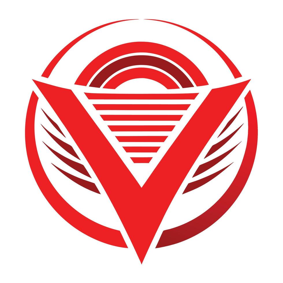 Red geometric logo, bold V shape, circular emblem, wings, stripes, minimalist design, futuristic symbol vector