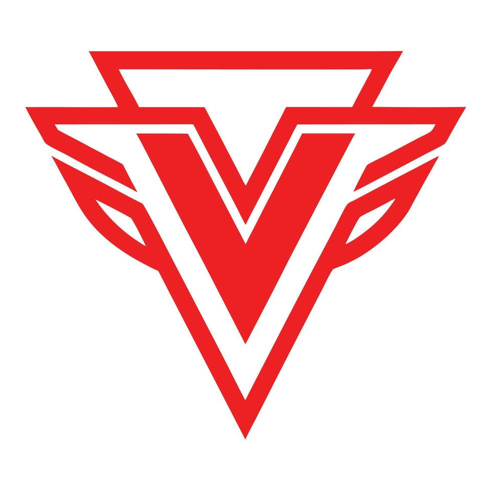 Red geometric logo, stylized V shape, wings, triangular design, bold lines, minimalist, sharp angles vector
