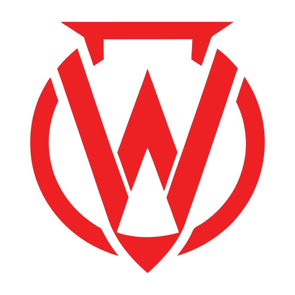 Red geometric logo, stylized W shape, circular design, bold graphic, minimalist emblem, sharp angles, vector