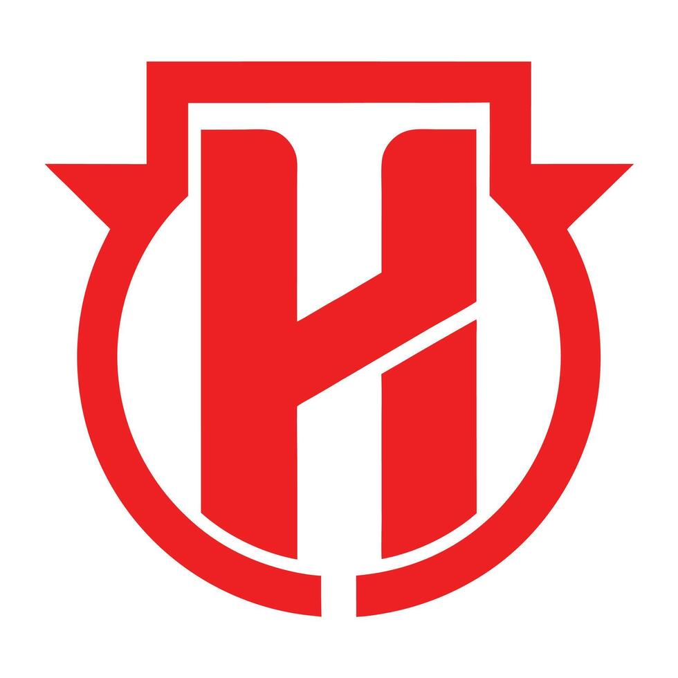 Logo design, minimalist, red and white, letter H, circular emblem, arrows, geometric shapes, bold typography vector