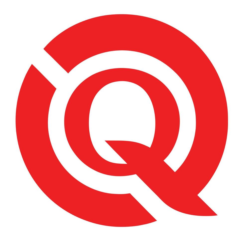 Red and white logo, minimalist design, bold geometric shapes, letter Q, circular motif, negative space vector