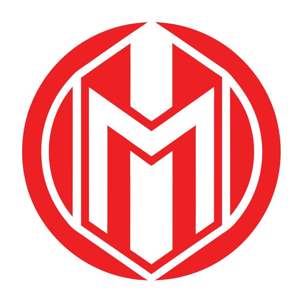 Logo design, red and white color scheme, minimalist, bold letter M, geometric shapes, circular emblem vector
