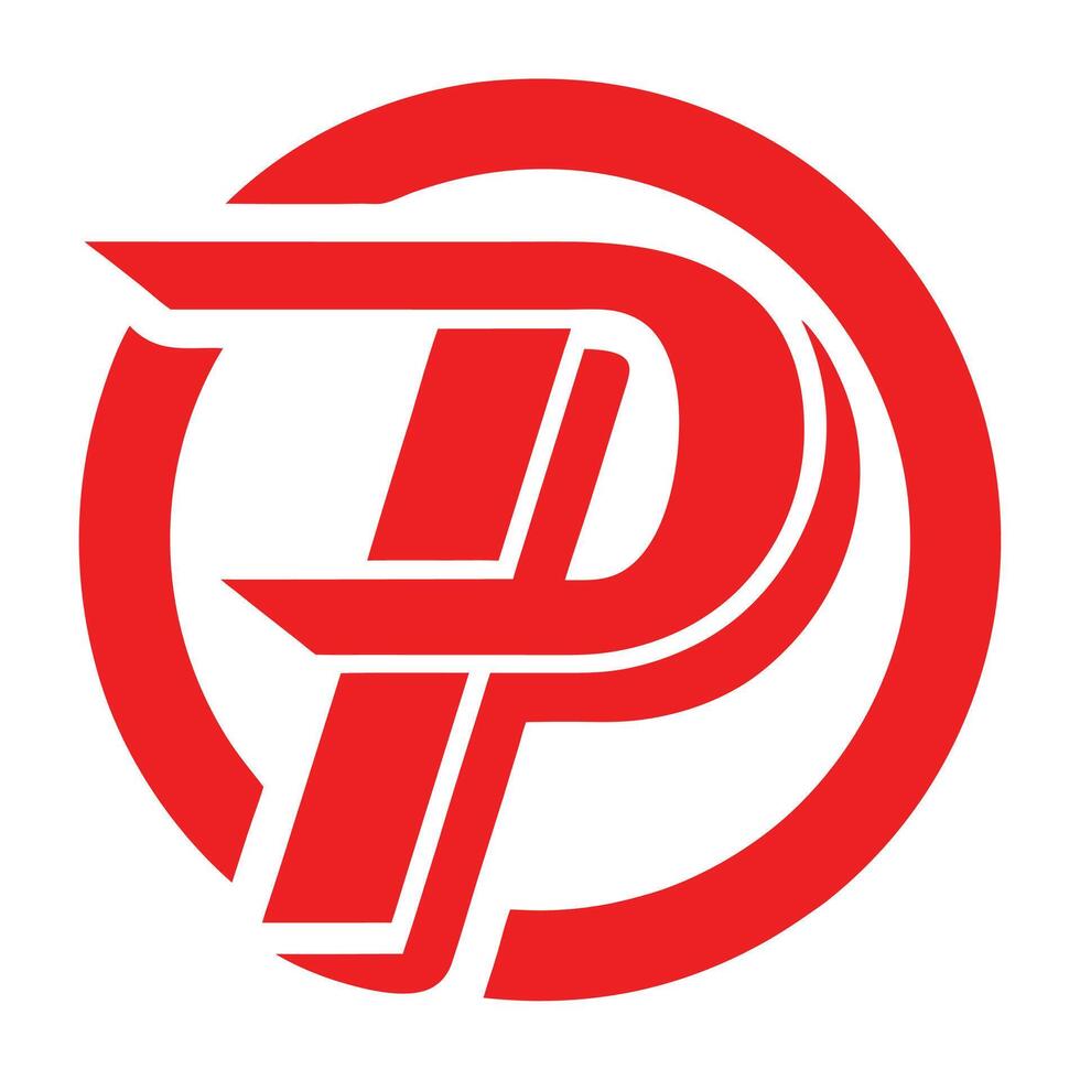Logo design, red and white, circular emblem, stylized letter P, bold geometric shapes, minimalist vector