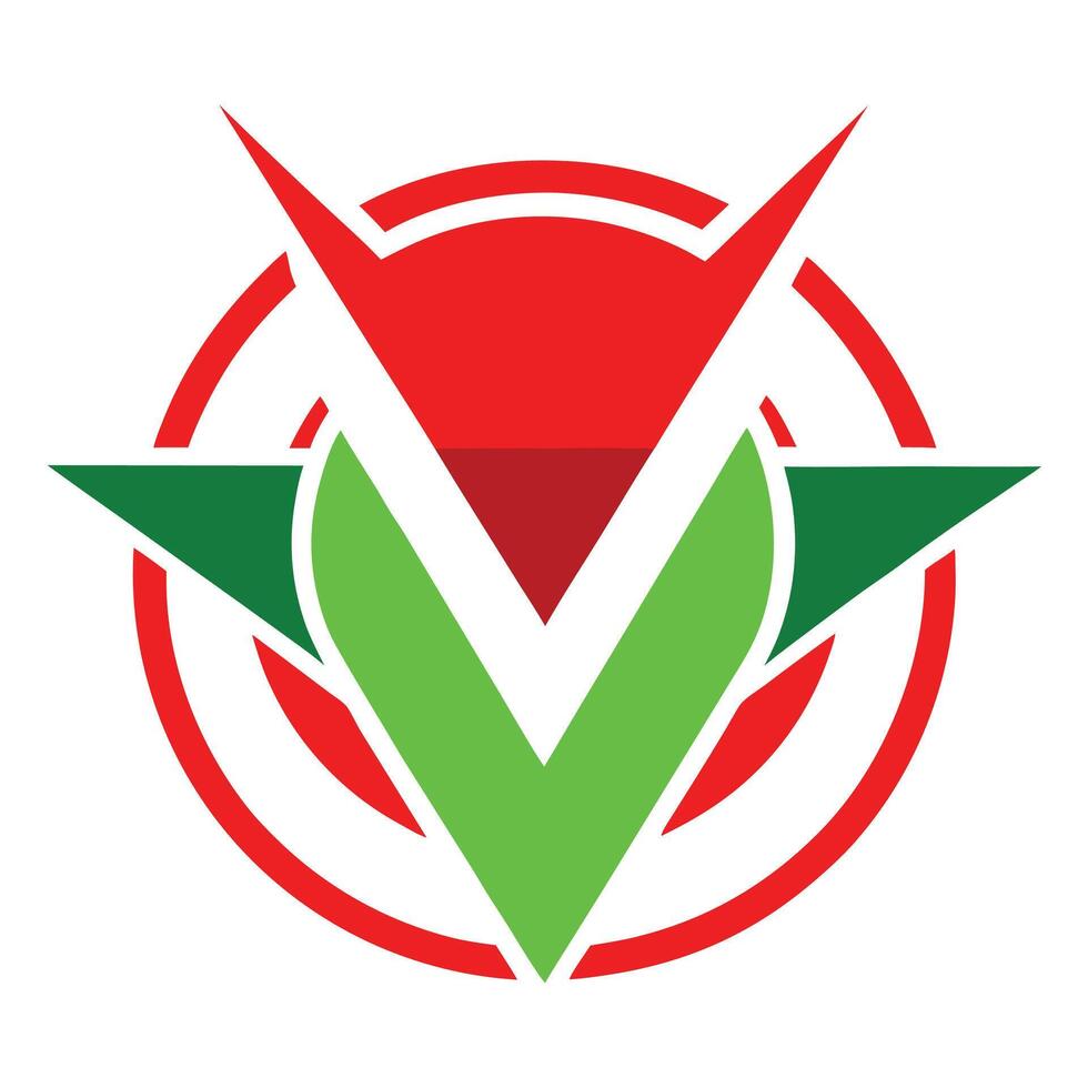 Logo design, stylized V shape, red and green colors, geometric, abstract, minimalist, circular border, vector