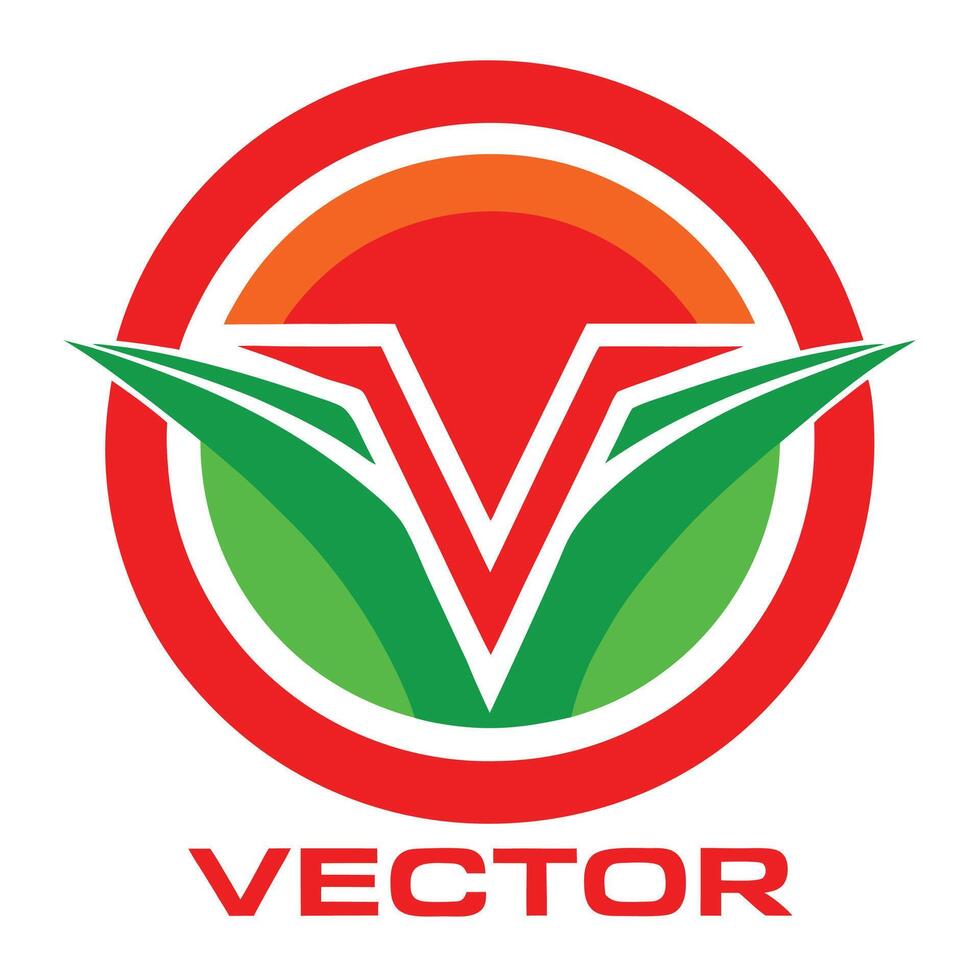 Logo design, circular emblem, red background, white V-shape, green stylized leaves, vector