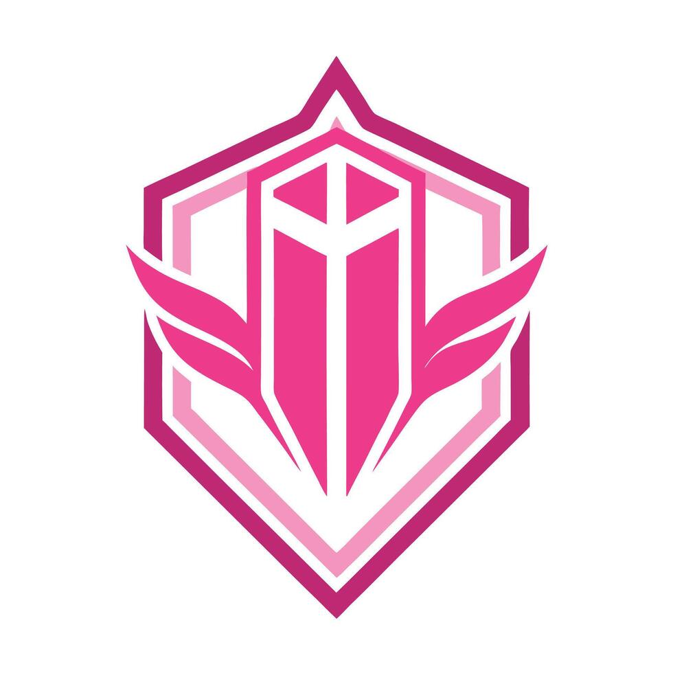 Logo design, geometric shield shape, vibrant pink color scheme, stylized wing elements, abstract tower or pillar vector