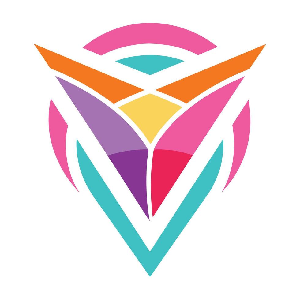 Abstract geometric logo, symmetrical design, vibrant colors, pink, orange, purple, yellow, teal, triangular shapes, vector