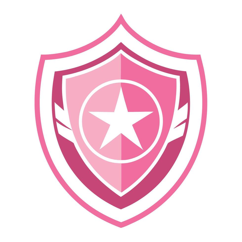 Shield logo, pink and white color scheme, star emblem, wing motif, geometric design, minimalist, symmetrical vector