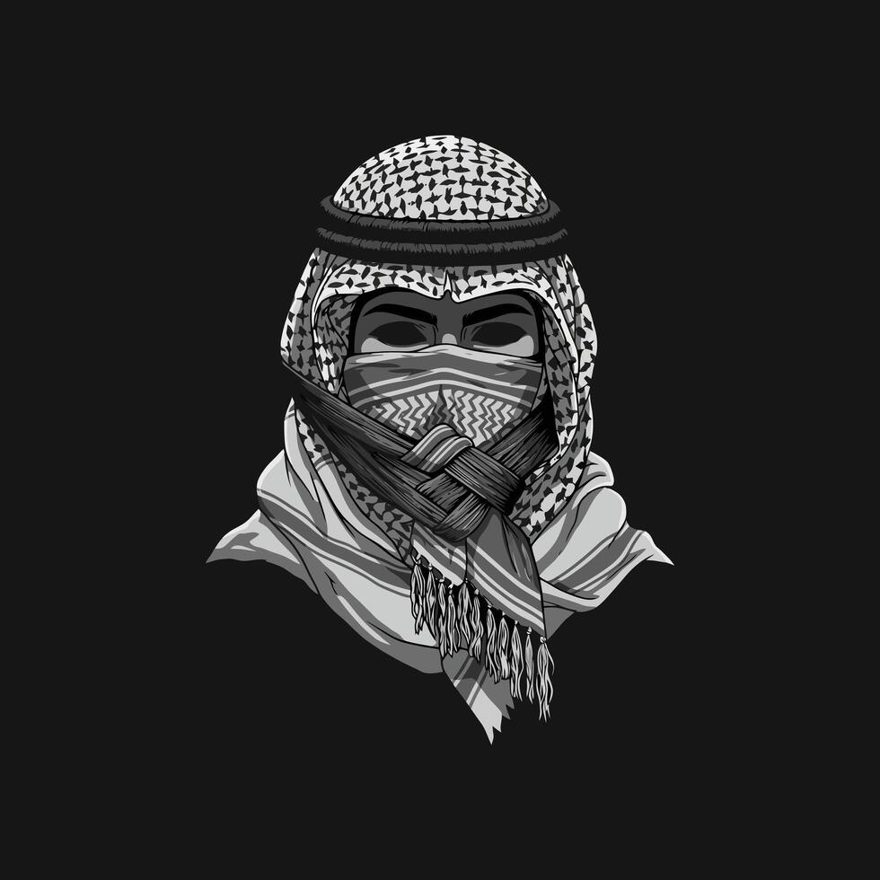 Mysterious Arab Man Monochrome Keffiyeh Portrait vector