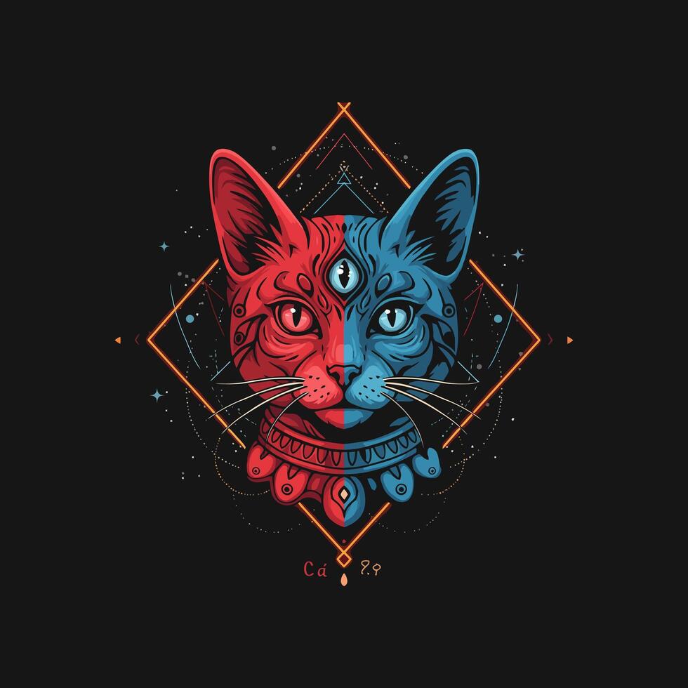 Mystical Bicolor Cat Portrait Red and Blue Sacred Geometry Art vector