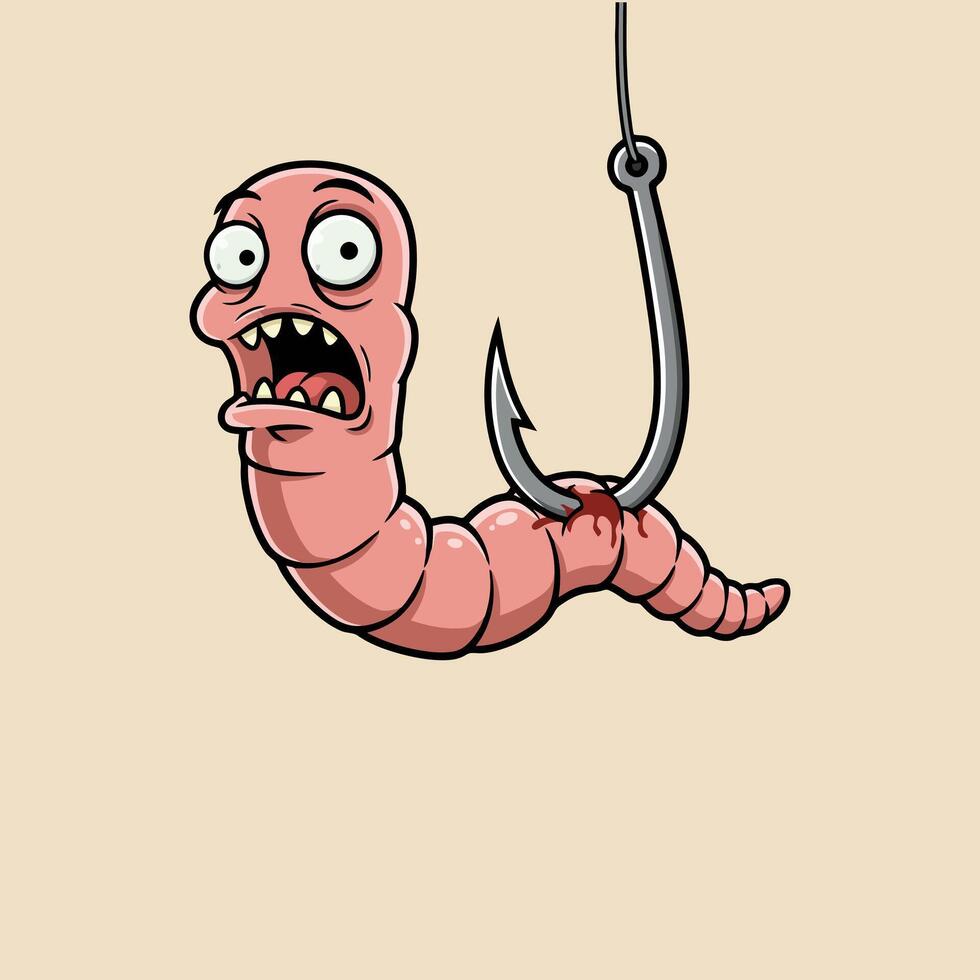 Terrified Worm on a Hook A Cartoon Illustration vector