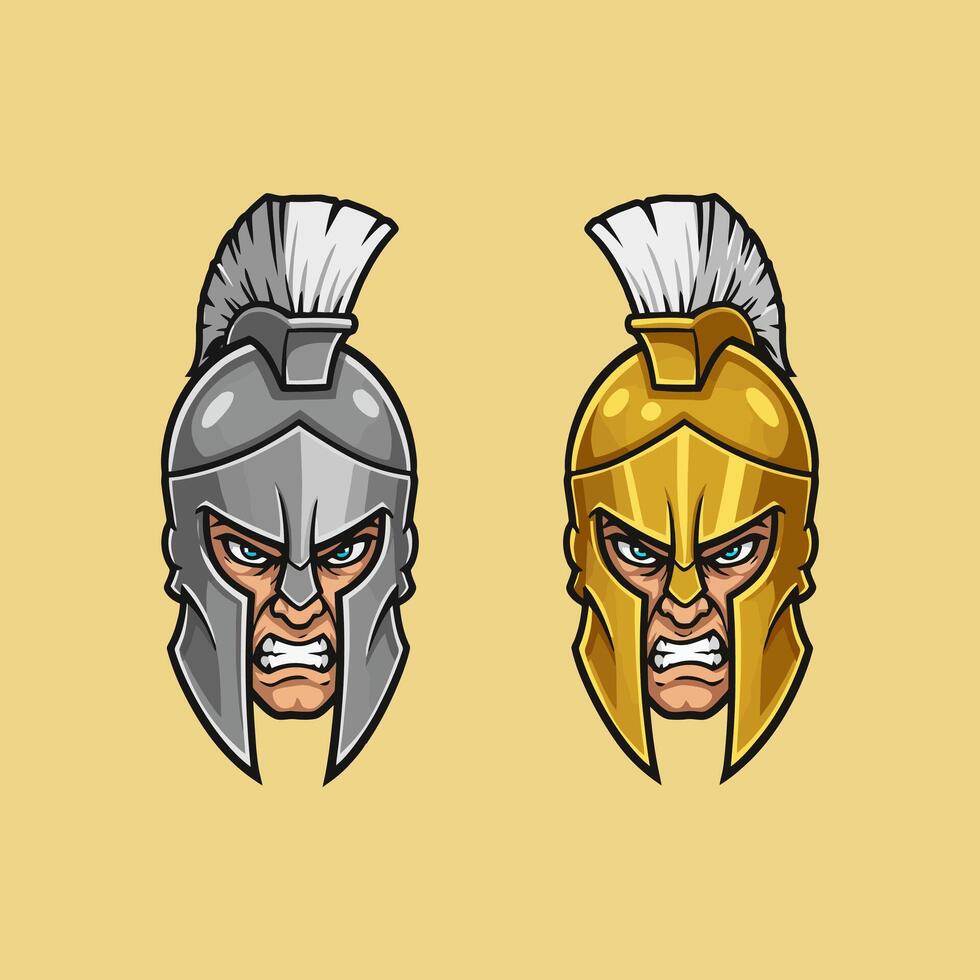 Angry Spartan Warrior Heads Gold and Silver Helmet Illustrations vector