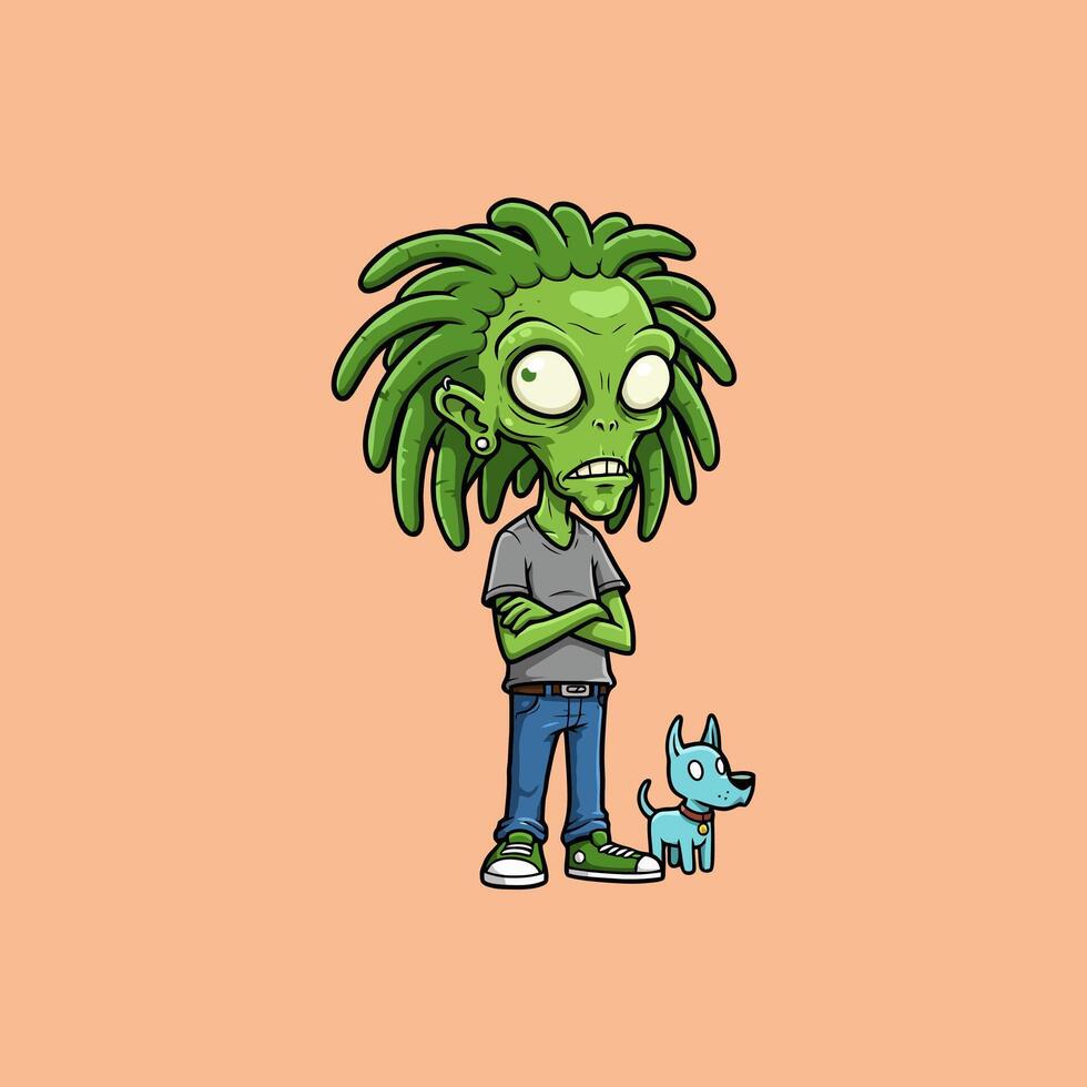 Green Alien with Dreadlocks and Small Dog Cartoon Illustration vector