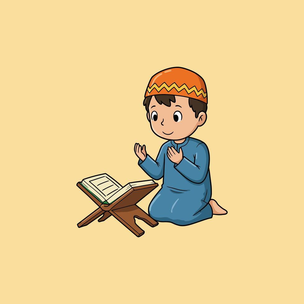 Young Muslim Boy Devotedly Reading Quran A Charming Cartoon Illustration vector