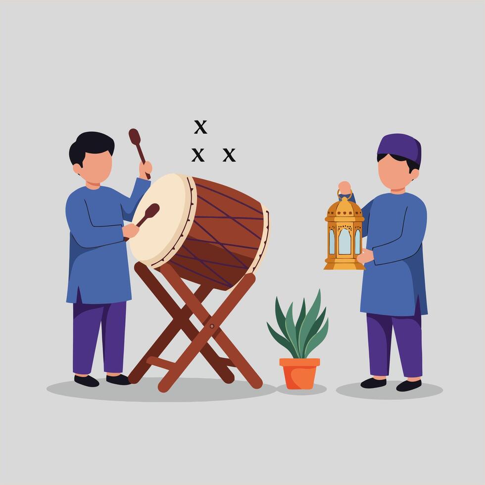Ramadan Celebration Boy Playing Bedug Drum with Lantern and Plant vector