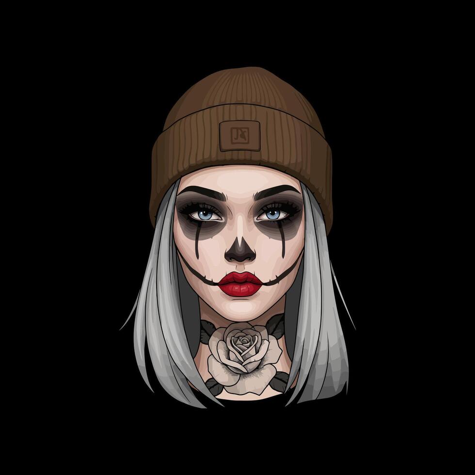 Stylish Girl with Skull Makeup, Rose Tattoo, and Brown Beanie Dark Pop Art Portrait vector