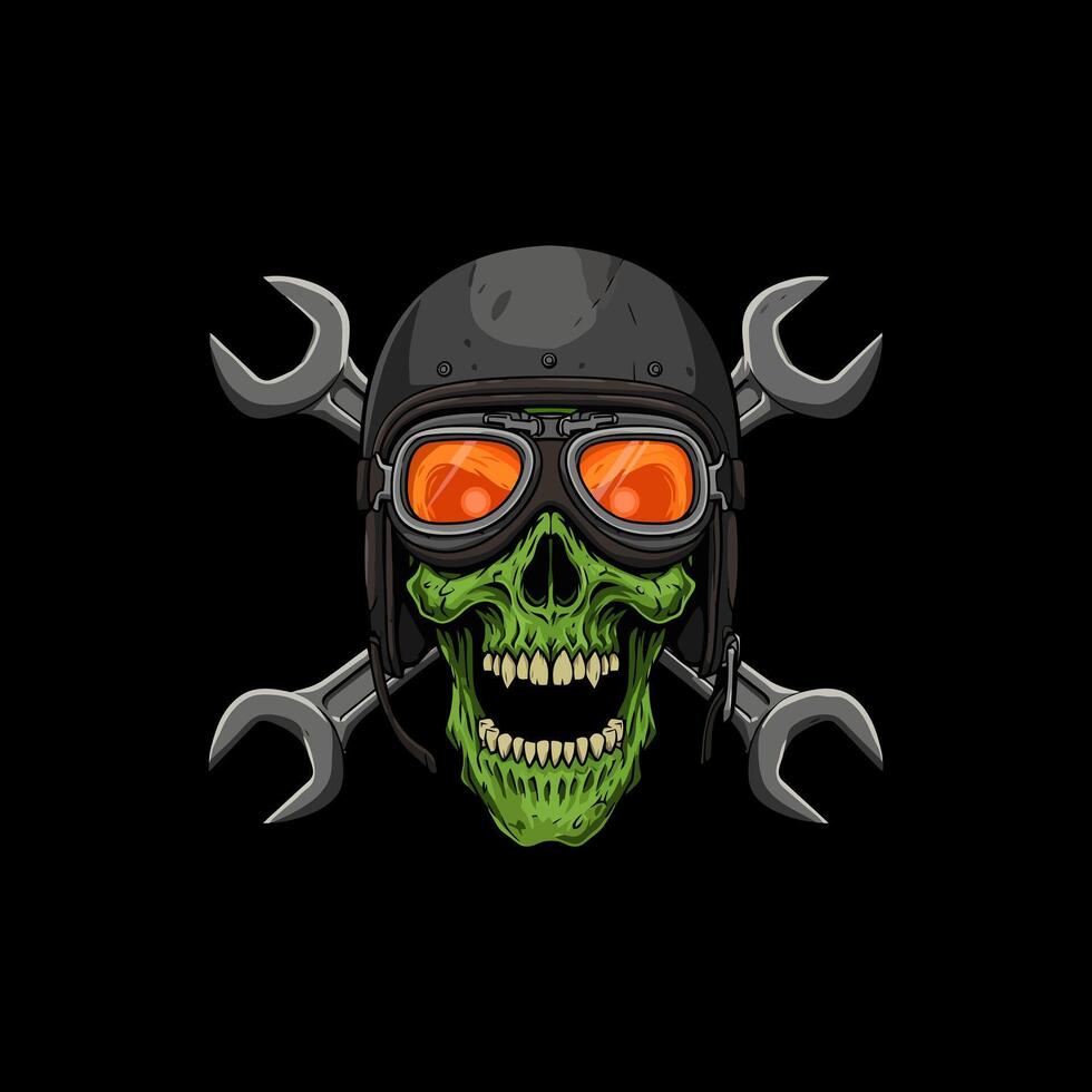 Green Skull in Aviator Helmet Wrench Crossbones, Vintage Style vector