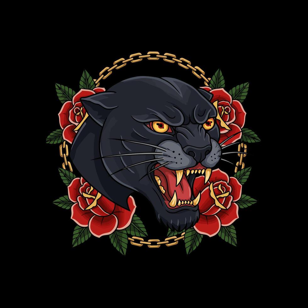 Aggressive Panther Portrait Traditional Tattoo Style with Red Roses vector