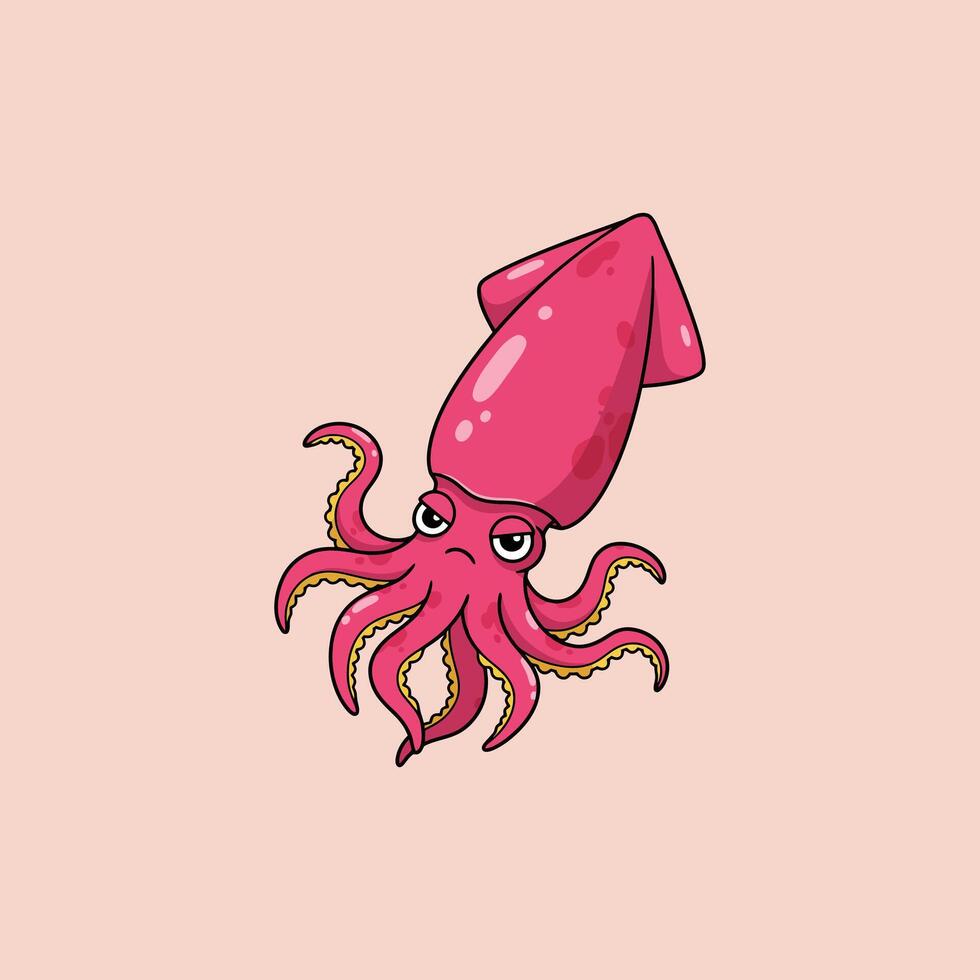 Grumpy Pink Squid A Cartoon Illustration vector