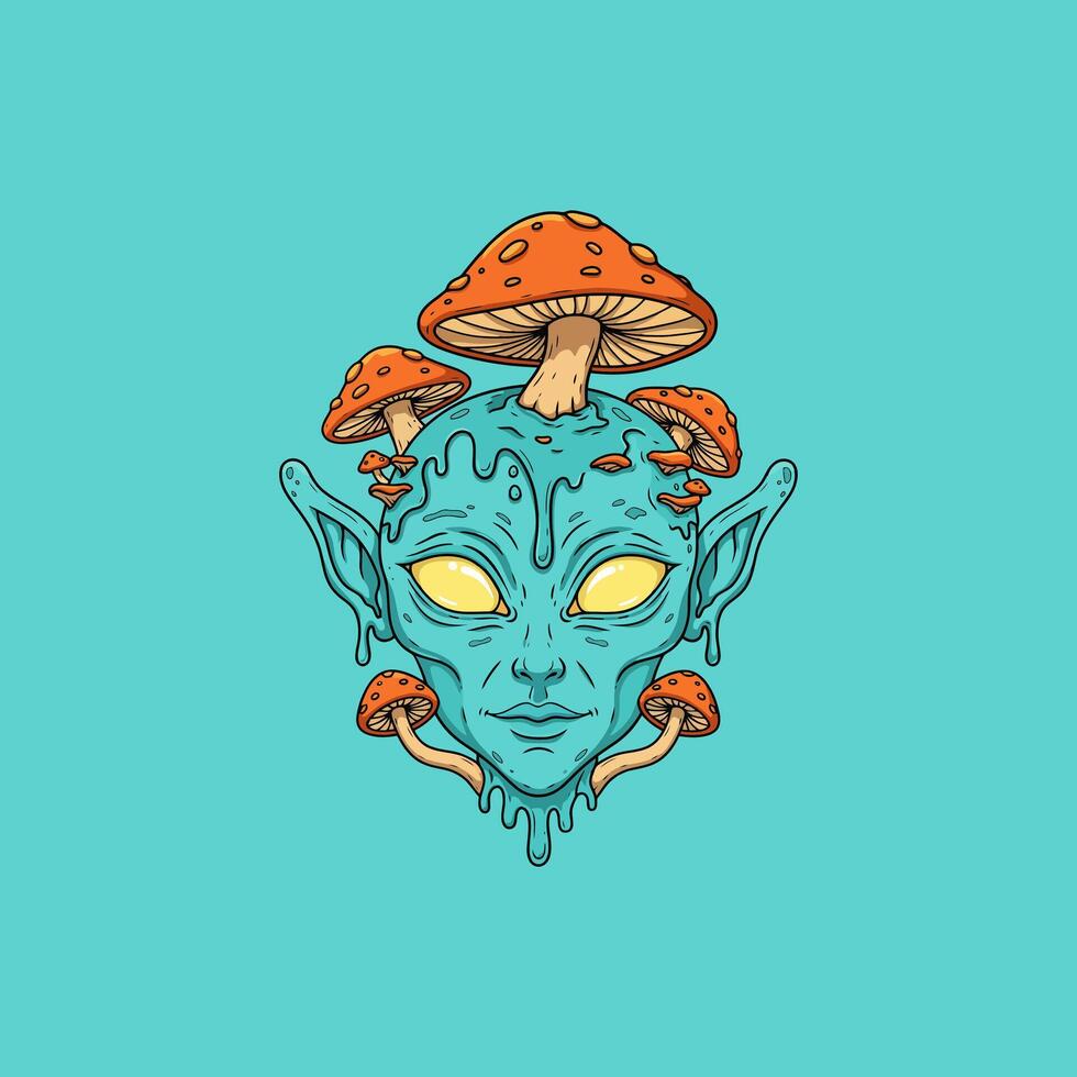 Psychedelic Melt Blue Alien Face Adorned with Vibrant Mushrooms vector