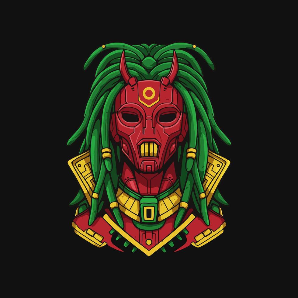 Cybernetic Oni Red Robotic Mask with Green Dreadlocks vector