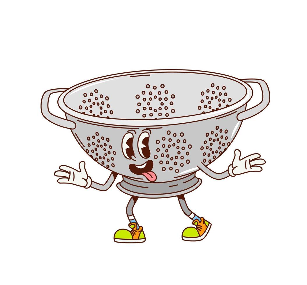 Cartoon groovy kitchen colander strainer character vector