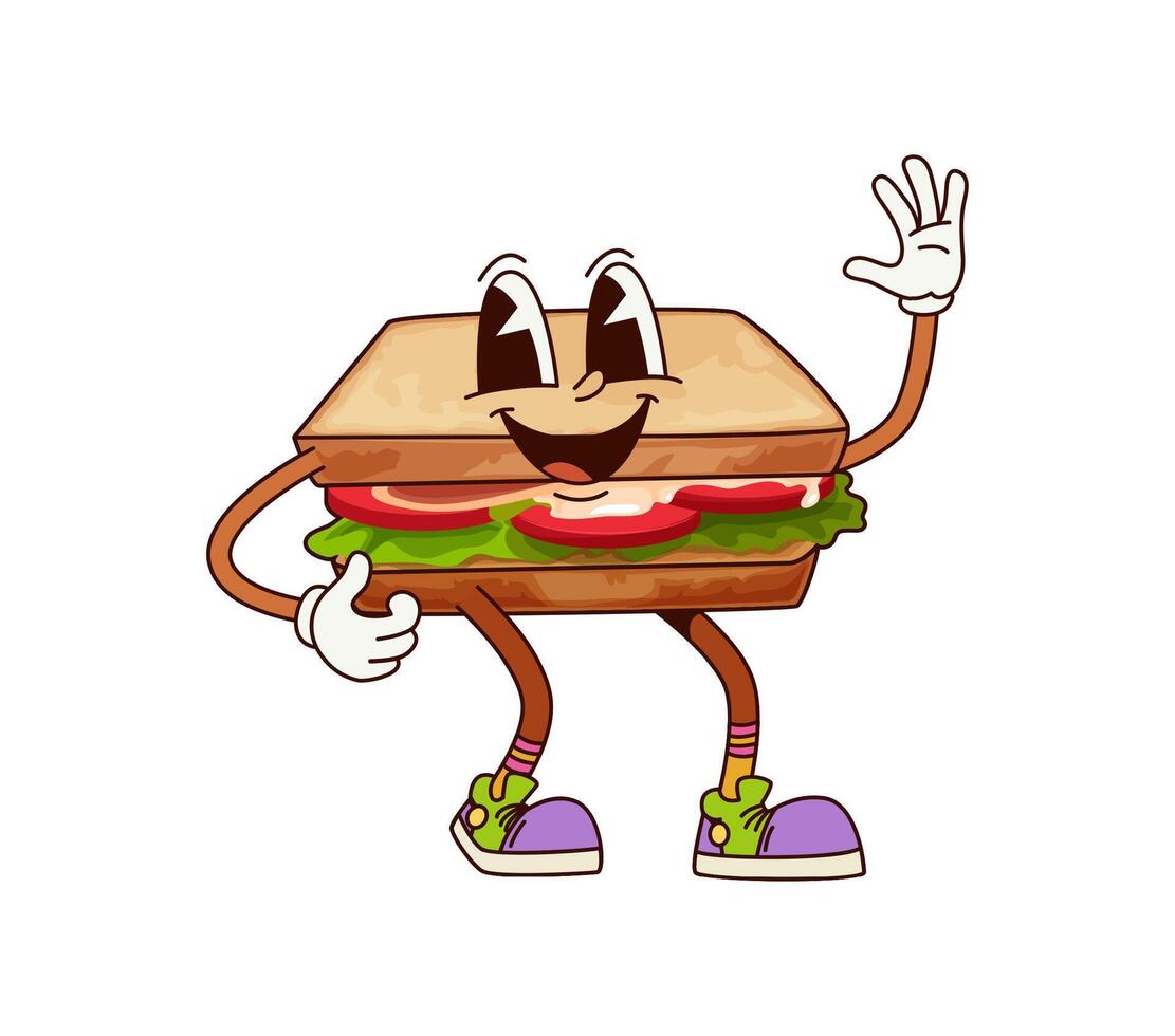 Cartoon groovy breakfast sandwich happy character vector