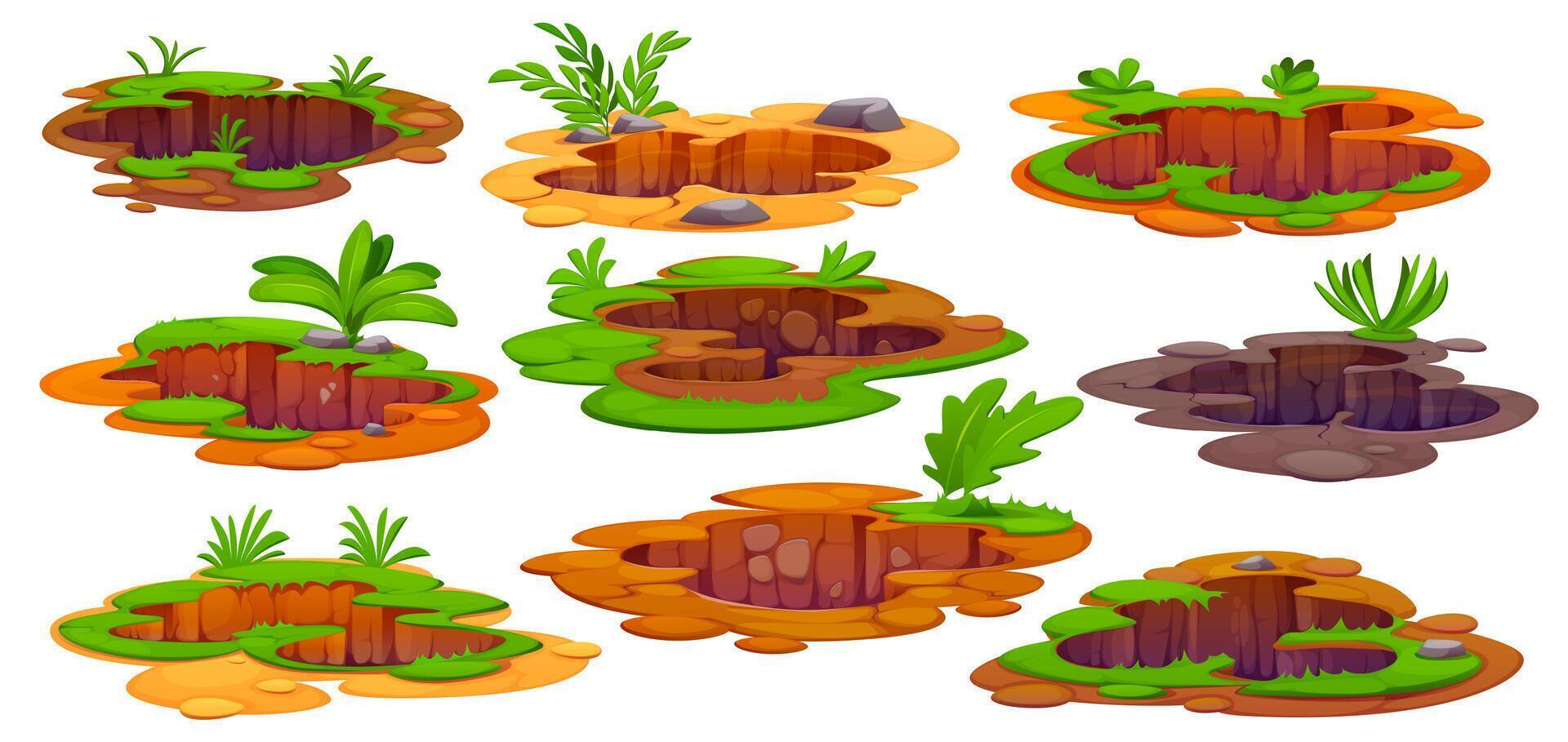 Cartoon ground holes, deep dirty pits and burrows vector