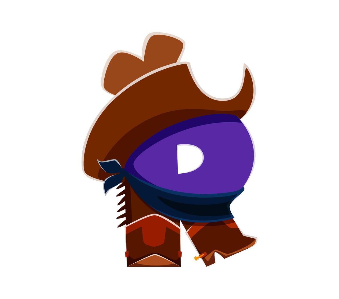 Cartoon letter D with cowboy hat, scarf and boots vector