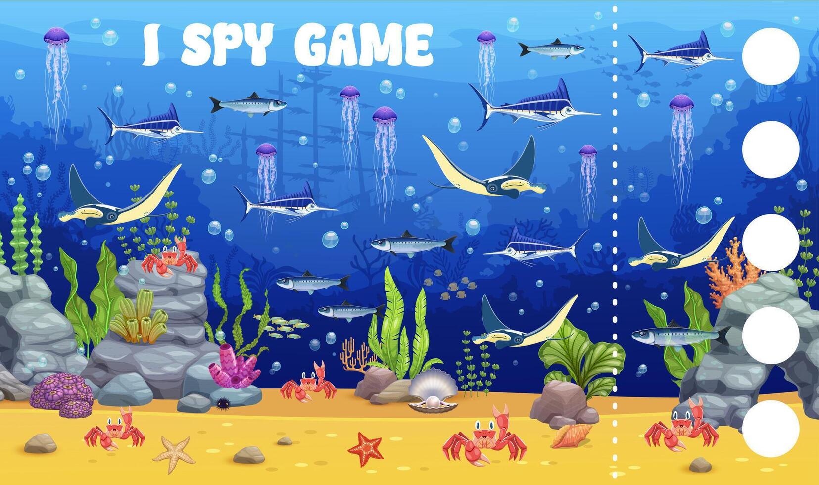 I spy game game worksheet with underwater animals vector