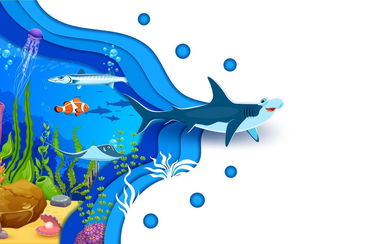 Hammerhead shark character, paper cut underwater vector