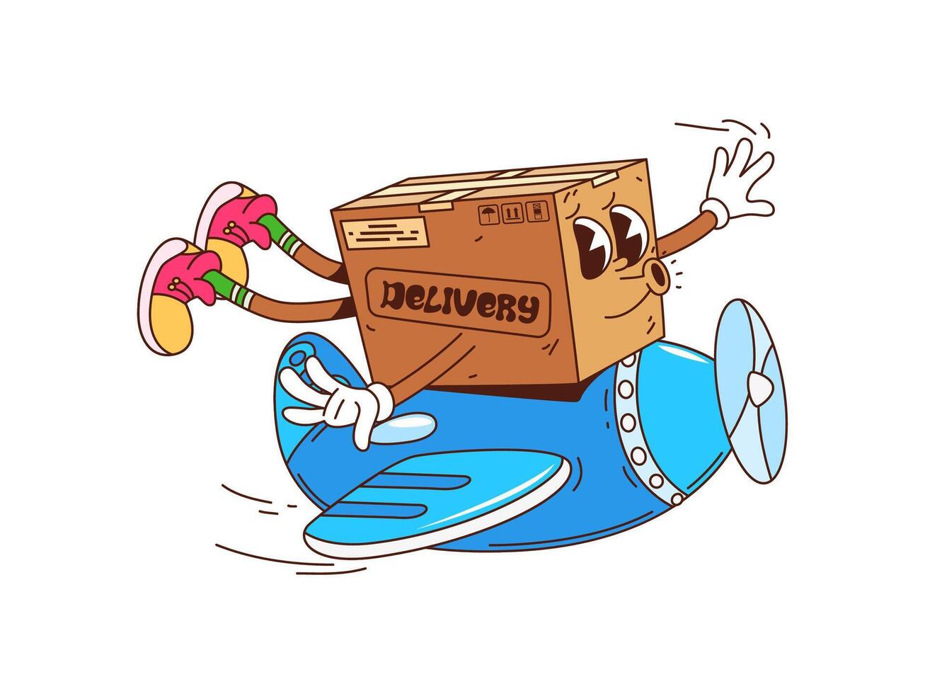 Cartoon groovy delivery box flying on airplane vector