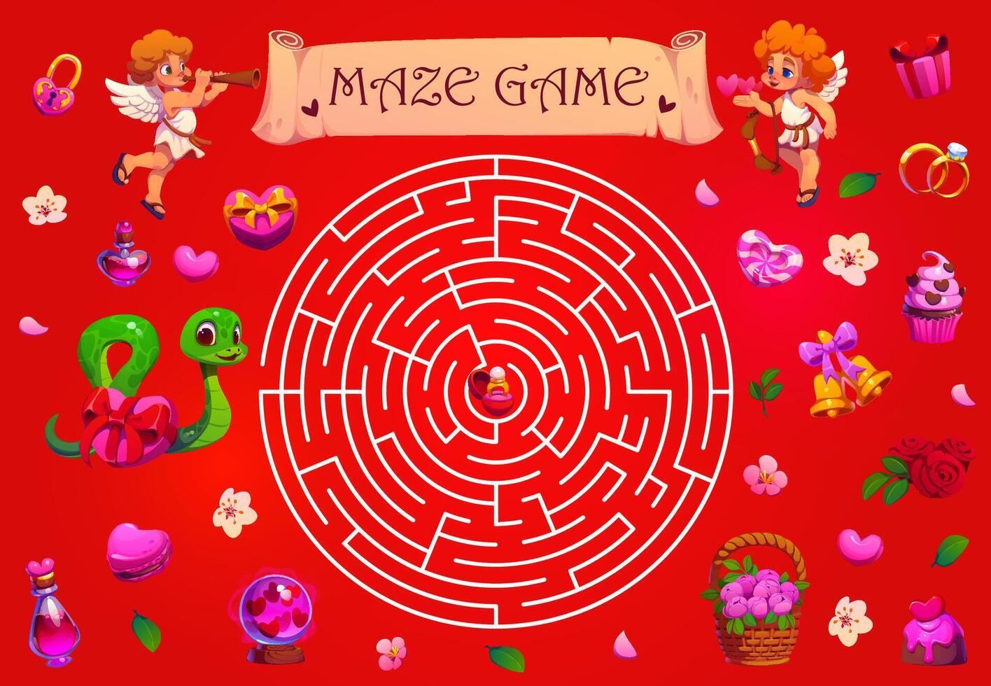 Valentines day labyrinth maze game with snake vector